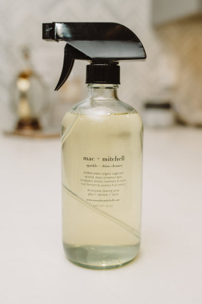mac + mitchell sparkle + shine all purpose cleaner in glass spray bottle