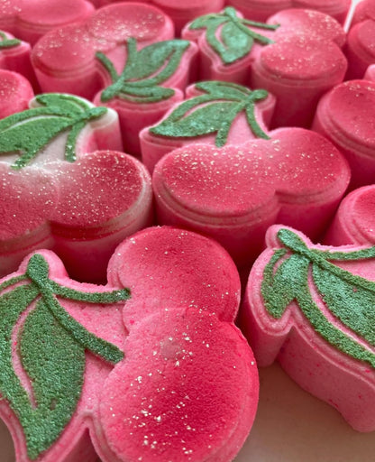 mac + mitchell hand painted cherry bath bombs in red with green stems