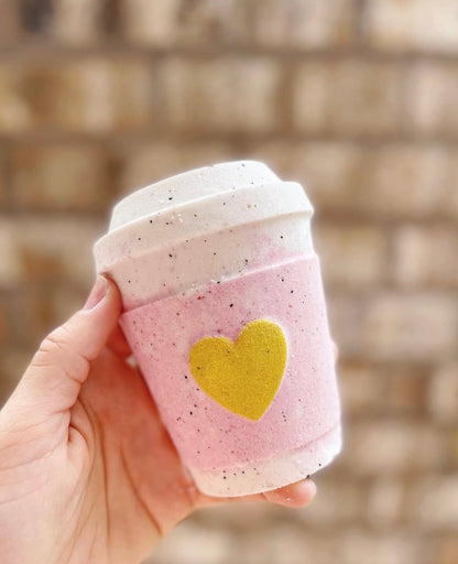 mac + mitchell hand painted latte bath bomb shaped like a coffee cup with heart