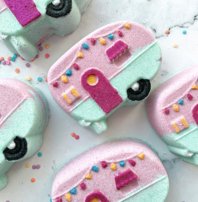 mac + mitchell hand painted rv camper bath bomb with colorful detail