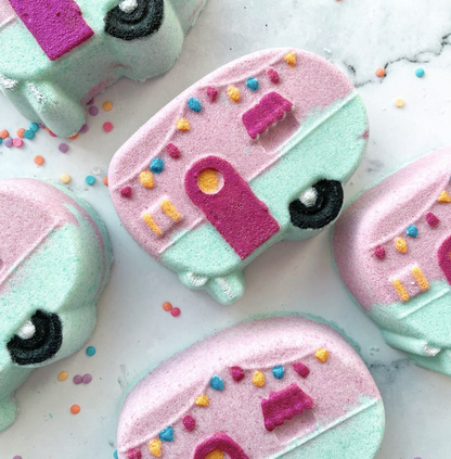 mac + mitchell hand painted rv camper bath bomb with colorful detail