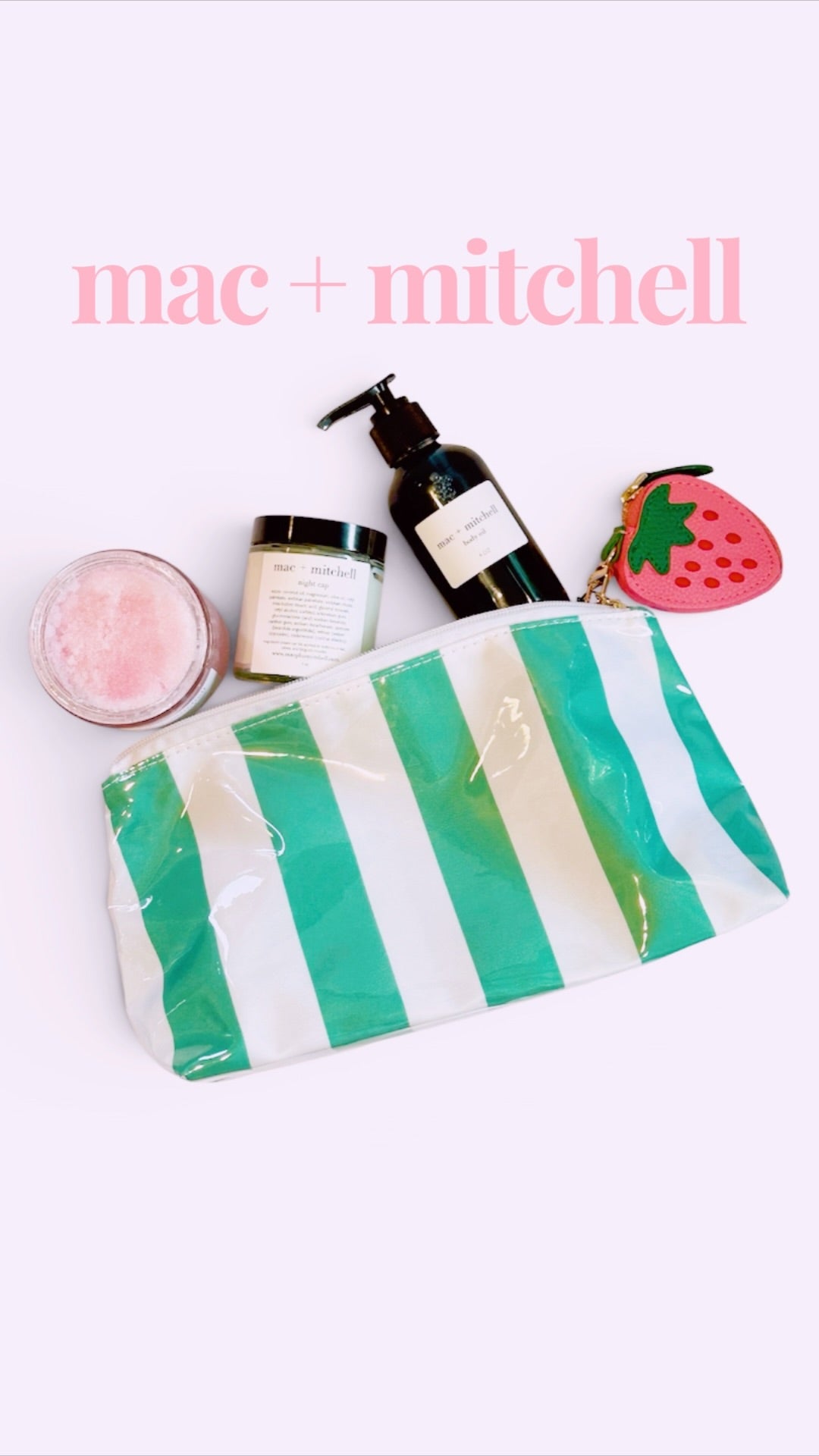 mac + mitchell for the love of stripes clear cosmetic bag with skincare products inside