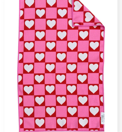 crae pink heart checkered microfiber hand towel by mac + mitchell