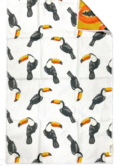 crae toucan microfiber hand towel with bird pattern on white by mac + mitchell