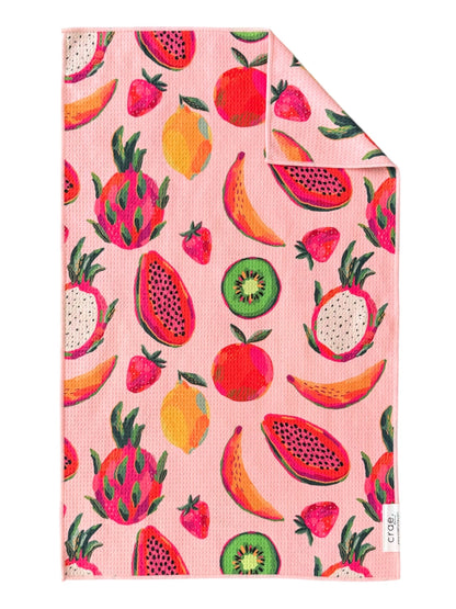 crae tropical salad microfiber hand towel with pink fruit pattern by mac + mitchell