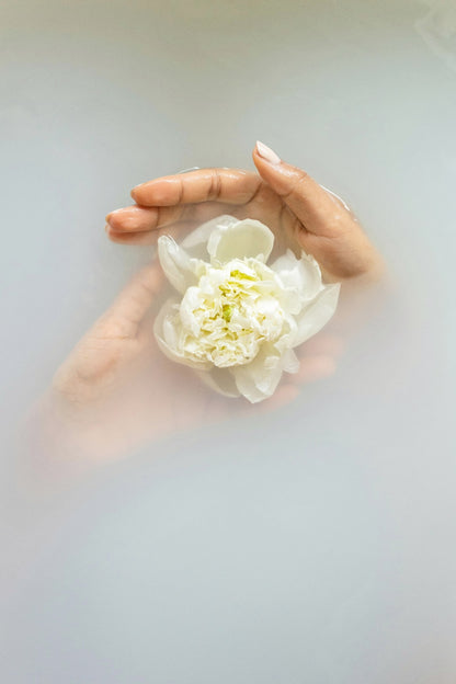 mac + mitchell lux milk bath styled with fresh flowers