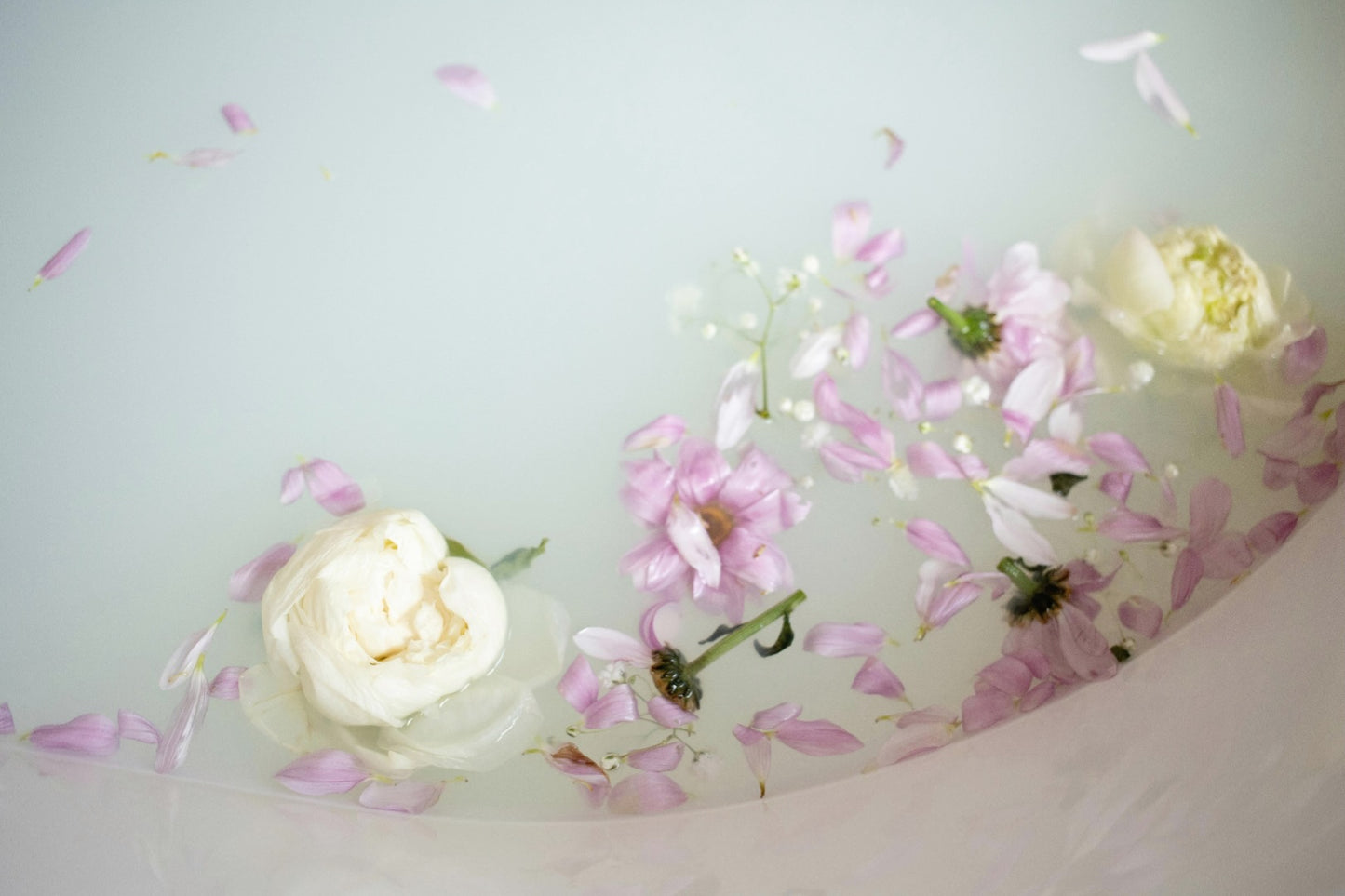 woman relaxing in mac + mitchell lux milk bath with flowers overhead view