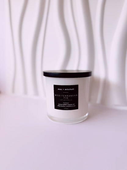 mac + mitchell luxurious lotion candle label detail on white glass container