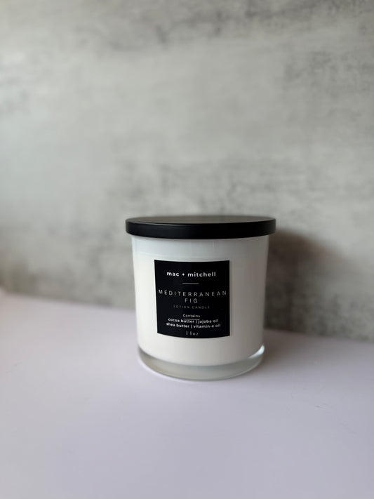 mac + mitchell luxurious lotion candle in white glass container with wooden wick
