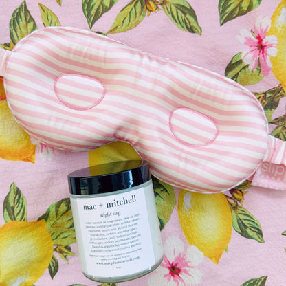 mac + mitchell nightcap transdermal magnesium cream jar with sleep mask on floral fabric
