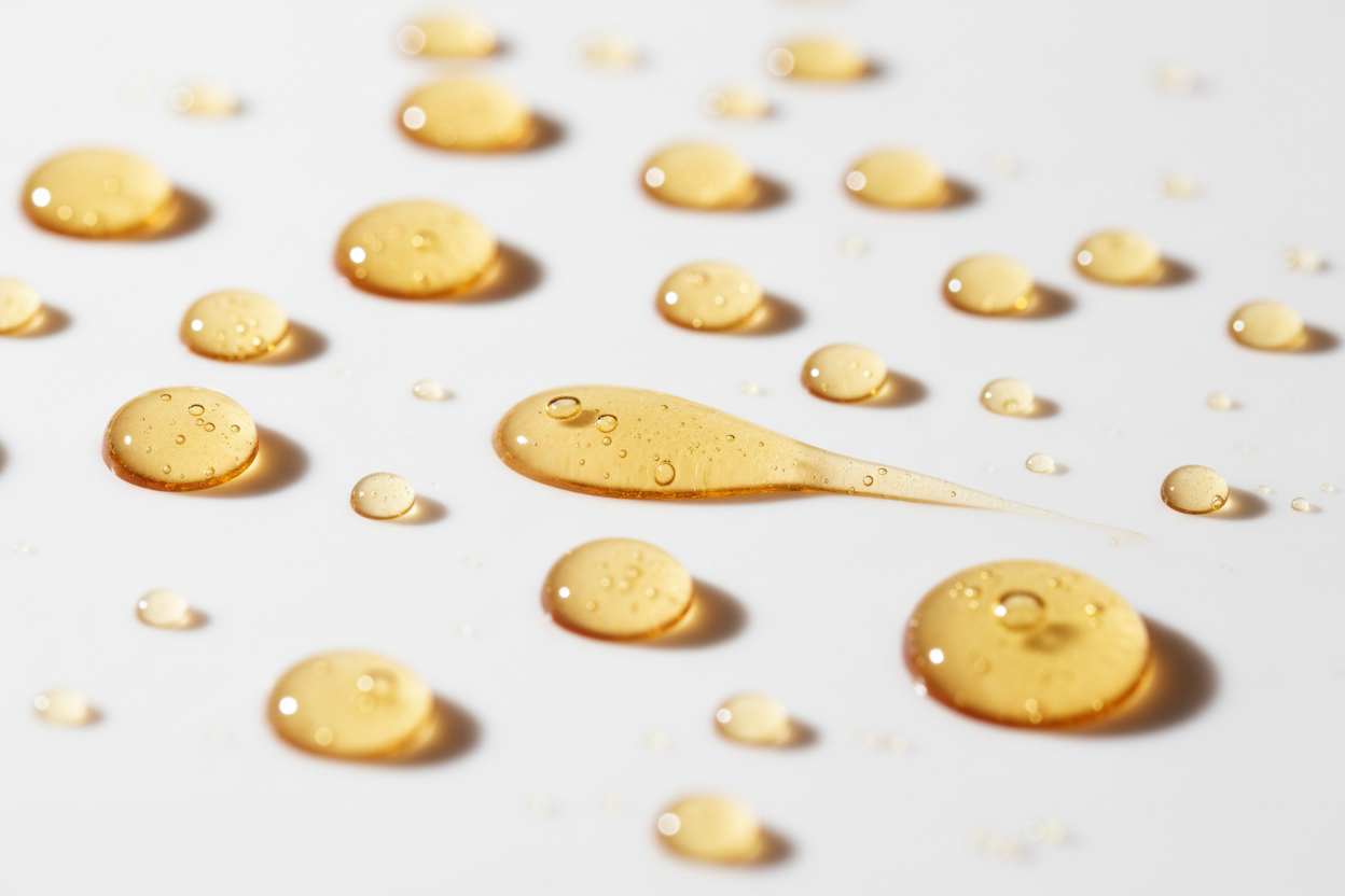 mac + mitchell oil crush facial serum golden botanical oil droplets close up