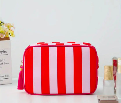 mac + mitchell red and white striped cosmetic toiletry bag front view