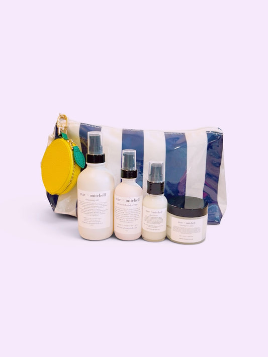 mac + mitchell for the love of stripes tote bag filled with skincare products