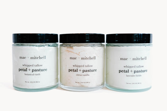 three jars of petal + pasture whipped tallow in botanical earth, citrus vanilla, and lavender fields.